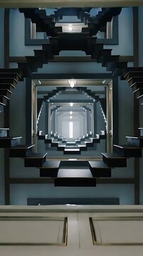 Vertical video: Opening doors showing repeated frames and steps in dark hall, forming tunnel effect