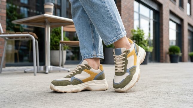 Stylish Casual Sneakers Worn with Blue Jeans Standing on Modern Urban Sidewalk Outside Contemporary Building