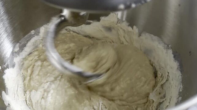 Stand mixer with dough hook mixing flour and water to create bread dough in a stainless steel bowl on a kitchen