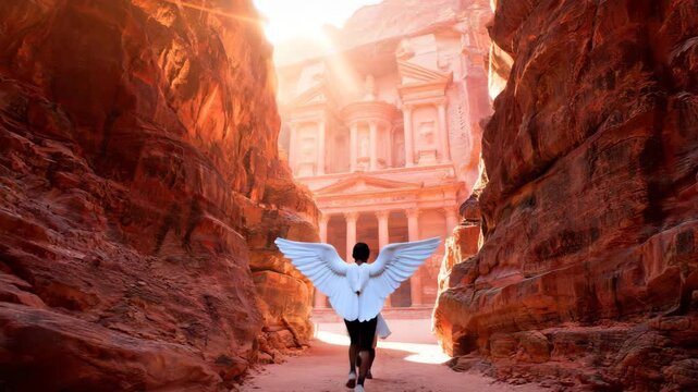 Couple in white robes with outstretched arms walking through ancient Petra canyon at sunrise with warm light