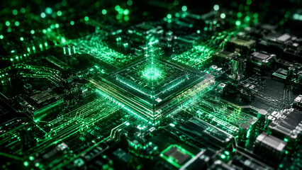 Fototapeta premium Advanced AI processor glowing on a high-performance circuit board, representing semiconductor innovation, computing power, and digital technology.