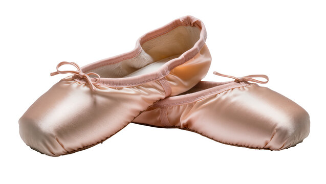 Pair of pink satin ballet pointe shoes with ribbons