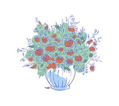 Cute hand drawn flower vase sketch. Whimsical coquette bouquet as blue pot icon. Delicate flower with soft color background, sweet home accent for social media frame and minimalist art print