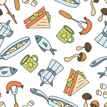 Cartoon seamless pattern with campfire, picnic, and mug on outdoor background. Color doodle animal and marshmallow fill this camp scene. Coffee outdoor adventure concept, hand drawn cheerful mood.