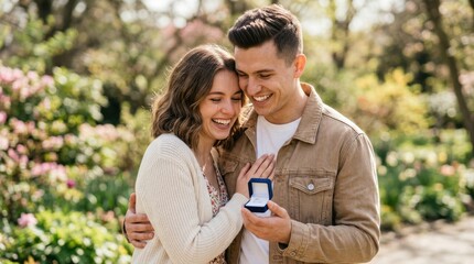 Fototapeta premium Young Couple Smiling After Successful Marriage Proposal Holding Engagement Ring Outdoors