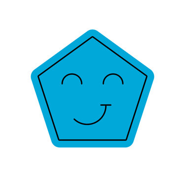 Cool retro blue pentagon emoji icon, with flat cartoon smile and happy eyes. Modern y2k emoticon element, fun positive style. Bright icon suits vintage and playful projects.