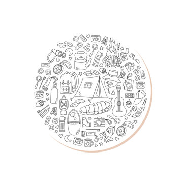 Circle patch design with camping adventure in doodle outline, campfire and tent. Backpack and hiking elements as camp graphic art for patch, suitable for camp adventure themes.