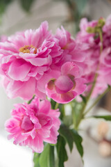 A bouquet of beautiful peonies in a home interior © Olga Tkacheva