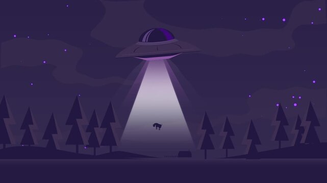 UFO hovers over desert at twilight. Beam shines down on cacti and hills. Moon hangs low in deep blue sky. Silhouettes create mysterious atmosphere. No people, animals, or plants visible