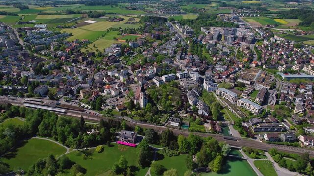 Aerial view around the old town of the city Cham, switzerland on a sunny spring morning