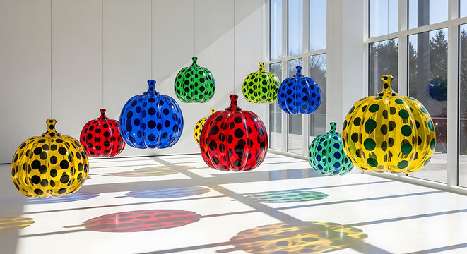 Polka dot pumpkins suspended in a bright white room with large windows sculpture