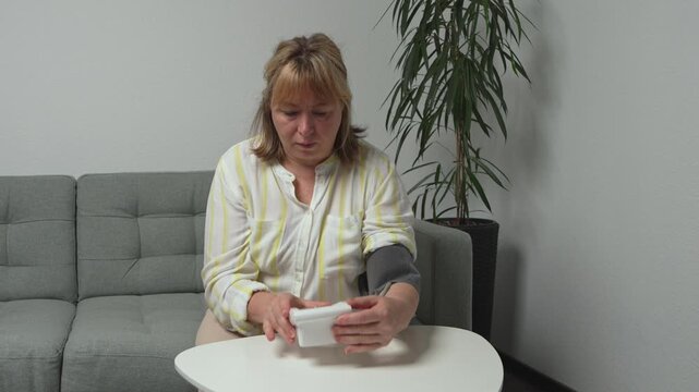 Middle aged woman measuring blood pressure at home and lifting digital monitor to read the results. Home healthcare, self monitoring and preventive cardiovascular care.