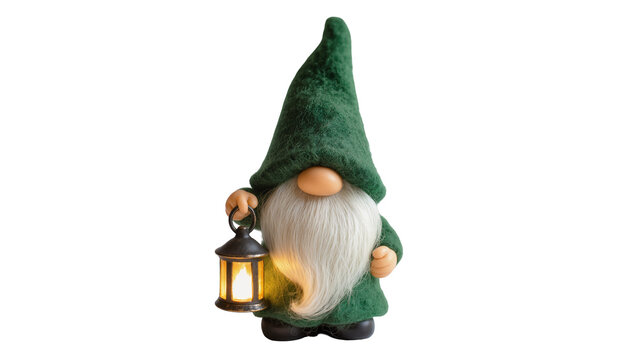 Felt gnome with green hat holding glowing lantern