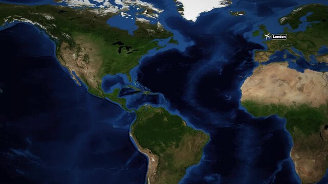 Animated Flight Route Map from London to Seattle Across the Atlantic Ocean