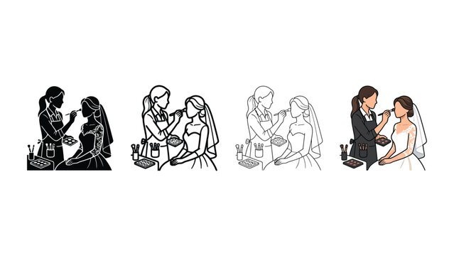 Bridal makeup application with artist and bride illustration in various line weights and styles