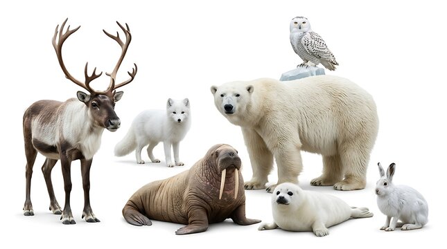 Arctic wildlife collection polar bear reindeer walrus and snowy owl group