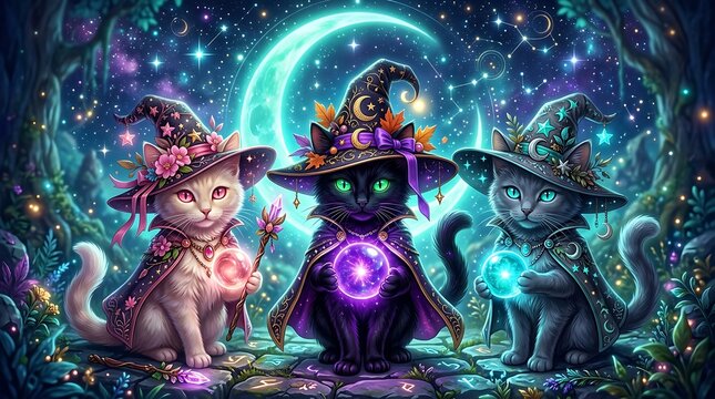 Three magical cats in wizard hats holding glowing orbs under a crescent moon kitten animal feline