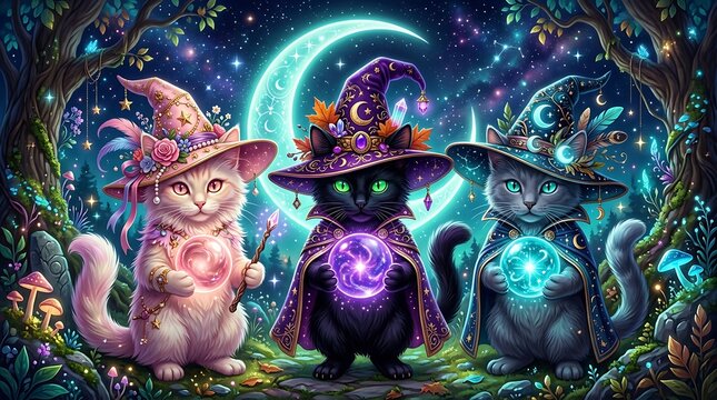 Three magical cats wearing witch hats holding glowing orbs under a crescent moon kitten animal feline