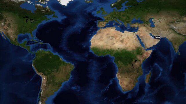 Animated Flight Route Map from Doha to Toronto Across the Atlantic