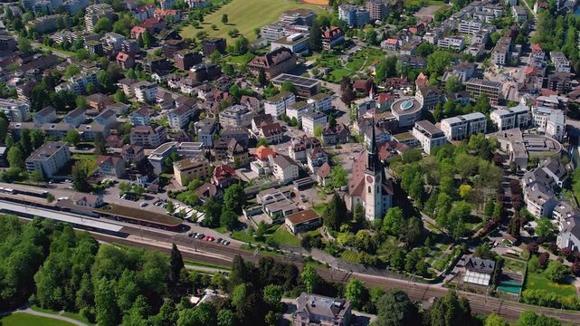 Aerial view around the old town of the city Cham, switzerland on a sunny spring morning