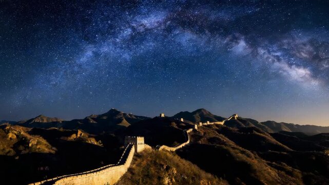 Great Wall section under Milky Way with dramatic golden hour lighting and cinematic camera pan