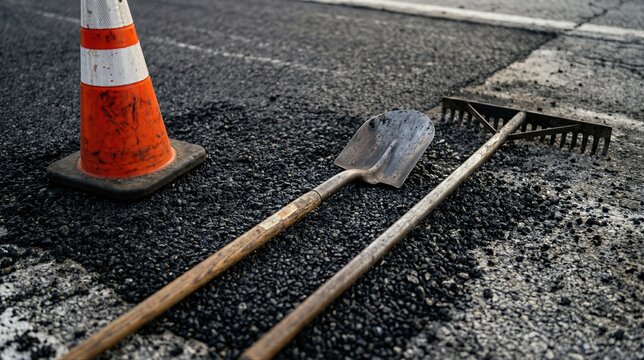 Traffic cone, shovel and rake on asphalt during road repair. Site maintenance equipment for patch work. Construction tools for infrastructure improvement and street patching background.