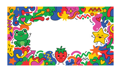 Obraz premium Colorful, abstract, cartoon doodle border frame featuring cute frog, strawberry, and star characters, with white empty copy space inside background.