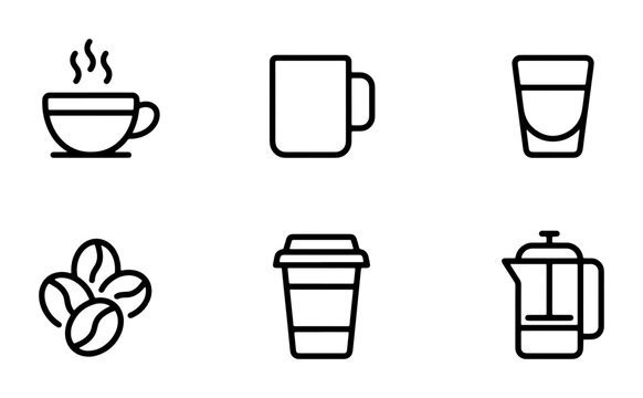 Coffee Icons Set: Hot Drink Cup, Mug, Shot Glass, Beans, Takeaway Cup, French Press