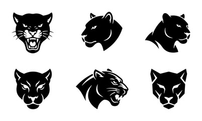 Black Panther Head Icons, Wild Cat Vector Graphics, Fierce Big Cat Silhouettes, Animal Logo Elements © Sharmin