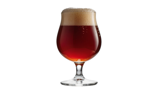 Amber ale beer with thick foam head in tulip glass