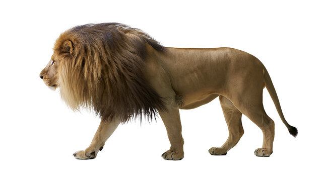 Majestic male lion with full mane walking, isolated on transparent background