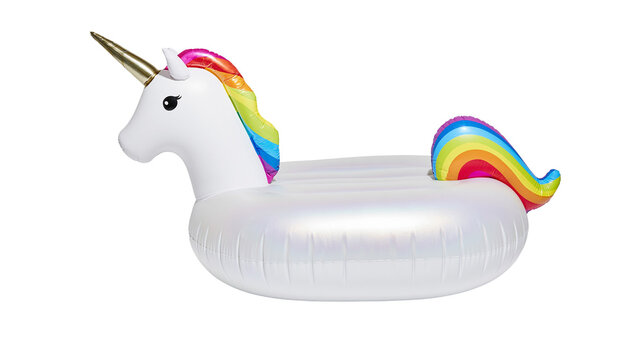 Inflatable white unicorn pool float with rainbow mane and tail, isolated on transparent background
