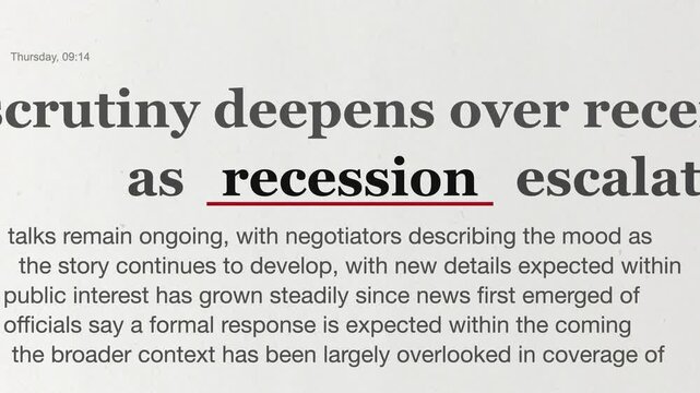 Highlighted recession newspaper headline text animation showing economic pressure, financial instability and global business risk