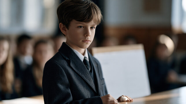A boy in school uniform grips the edge of a desk just before a classroom presentation, his knuckle white, a poster board balanced against his chair, sunlight cutting sharply