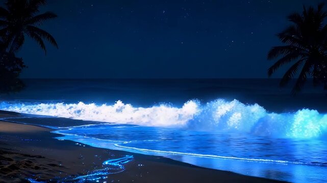 Ocean waves breaking on a tropical beach at night with bioluminescent glow and palm trees during a serene twilight