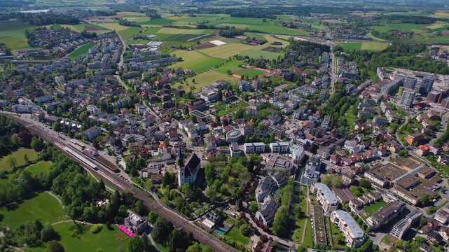 Aerial view around the old town of the city Cham, switzerland on a sunny spring morning