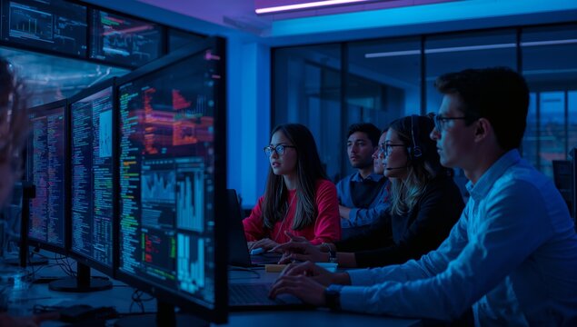 IT professionals monitoring cybersecurity operations in a modern security operations center, analyzing real-time data, network infrastructure, and digital threat intelligence.