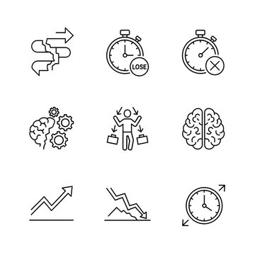 Business productivity icons, workflow optimization symbols, time management graphics, efficiency line illustrations