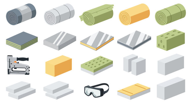 Collection of various types of insulation materials and related tools for construction and building projects.