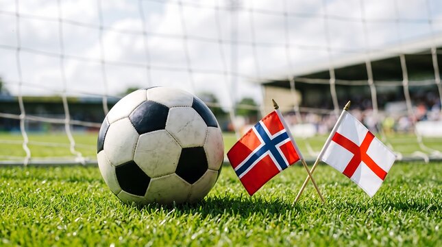 Norway and England flags with football on green stadium grass pitch before match