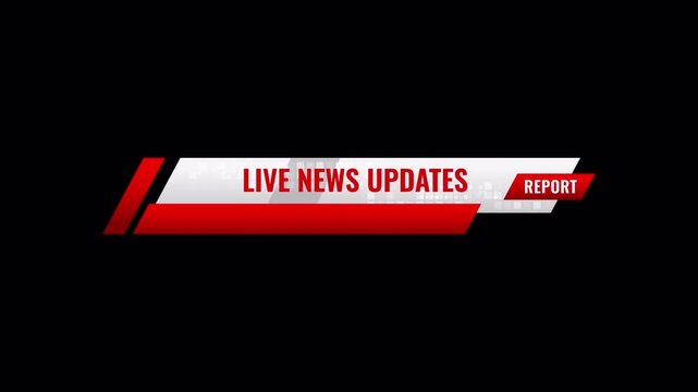Live news updates banner with report text, bold red and white design, modern graphic for urgent news broadcasts, high contrast on black background