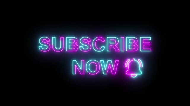 Neon Subscribe Now Text and Bell Icon Loop Animation on Black Background. Glowing Neon Subscribe Now Button and Notification Bell Graphic