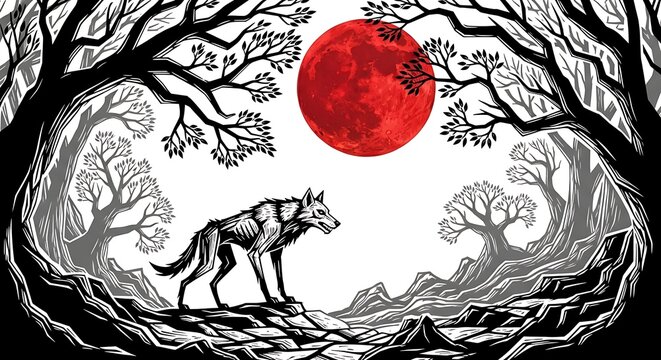 Wolf illustration with trees and red moon black and white graphic style wolves canine wildlife