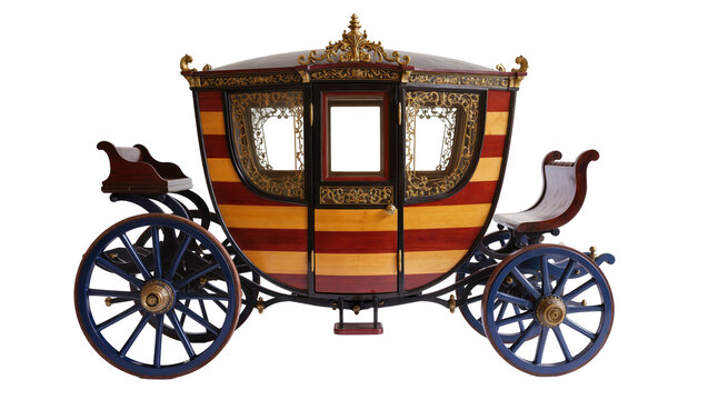 Antique royal carriage with red and yellow stripes and blue wheels