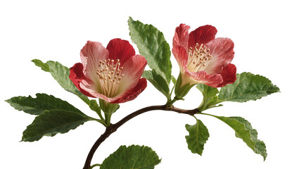Two red and pink hibiscus flowers with green leaves on a branch © Paul