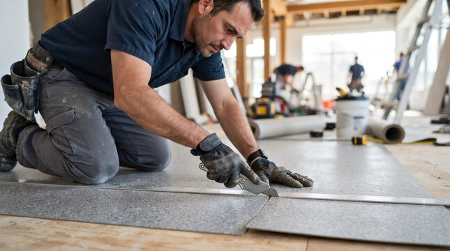 Professional man cutting linoleum with precision knife on new flooring project. Experienced worker carefully installs linoleum flooring during home renovation.