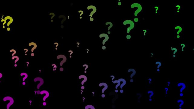 Colorful question mark floating on black background, abstract concept of uncertainty and faq confusion