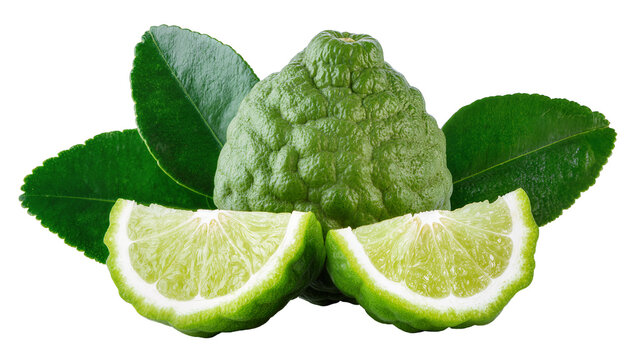 Green kaffir lime fruit with leaves and slices
