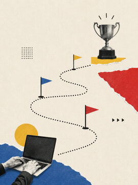 Business roadmap to victory paper collage featuring professional hands on a laptop tracing a dotted line path toward a trophy cup