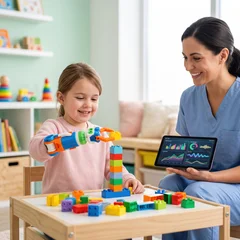 Smiling young girl wearing colorful robotic hand therapy device stacking building blocks while female nurse monitors progress data on tablet in bright cheerful pediatric rehabilitation room. © AnnaPa